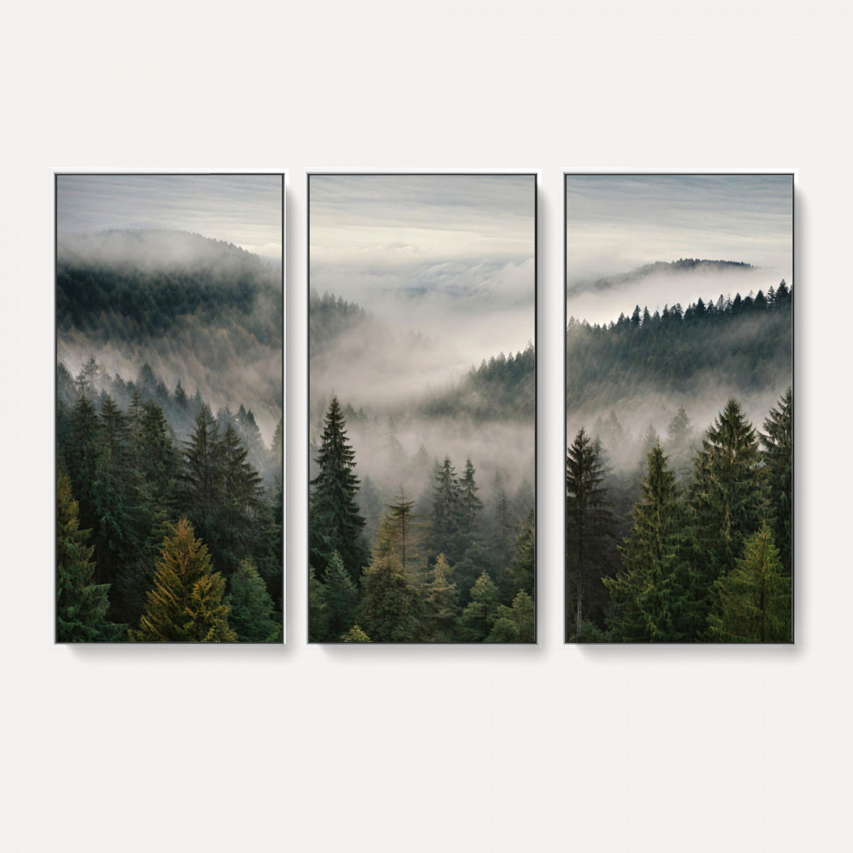 38409495-_Poster-30x20 - Misty Pine Valley Mountain Canvas Print 3 Piece Framed Wall Art Extra Large Floating Frame Nature Poster Made in USA