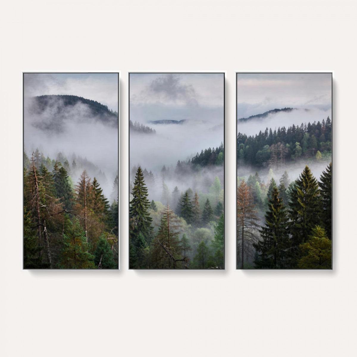 18735847-_Poster-30x20 - Foggy Pine Forest Mountain Canvas Print 3 Piece Framed Wall Art Extra Large Floating Frame Nature Poster Made in USA