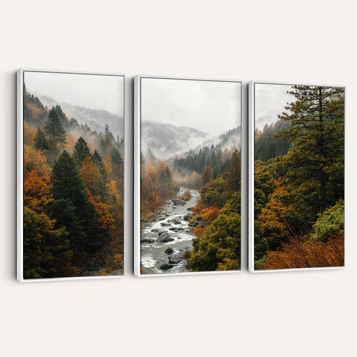 95540697-MGV-TP-30X20 - Misty River Mountain Valley Canvas Wall Art - Autumn Forest Landscape Nature Print