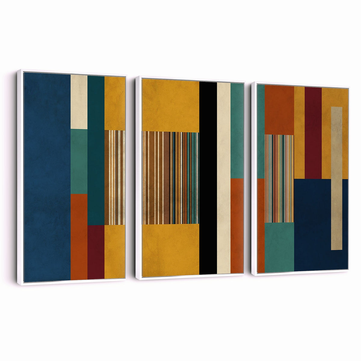 53992657-MGV-CV-48X32-3P - Mid Century Abstract Color Block Canvas Wall Art, Geometric Striped Canvas Print