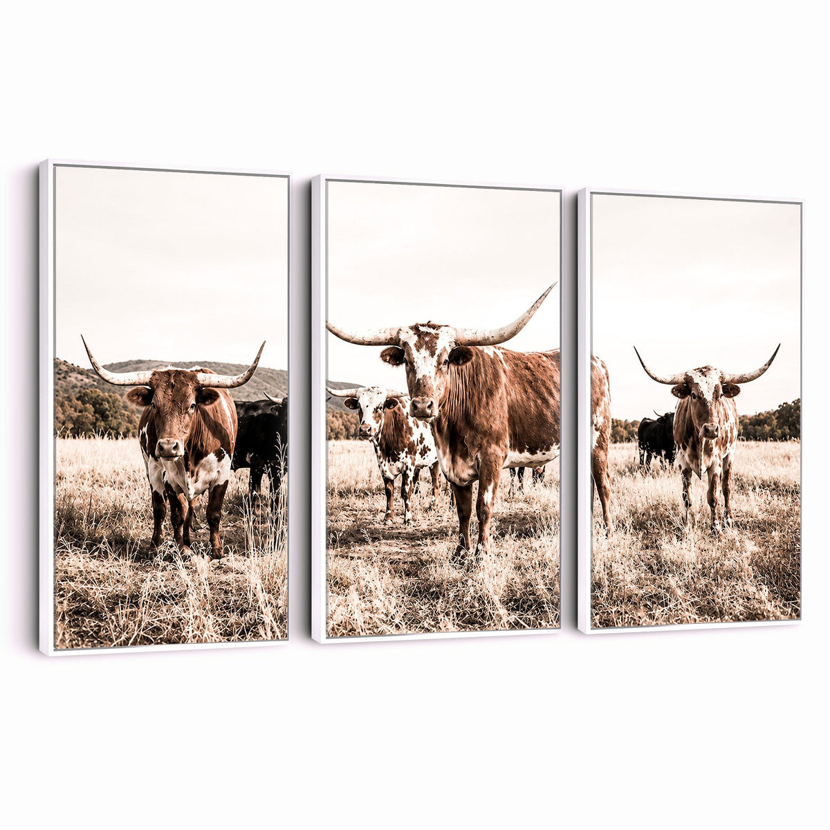 25234808-MGV-CV-48X32-3P - Texas Longhorn Cattle Canvas Wall Art, Western Ranch Home Decor
