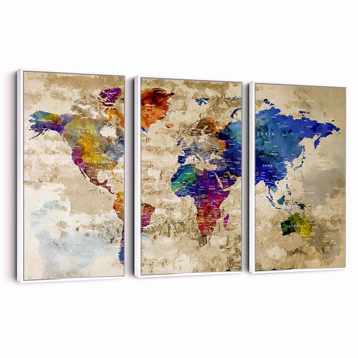 Colorful World Map Canvas Wall Art | Abstract Watercolor Map Print