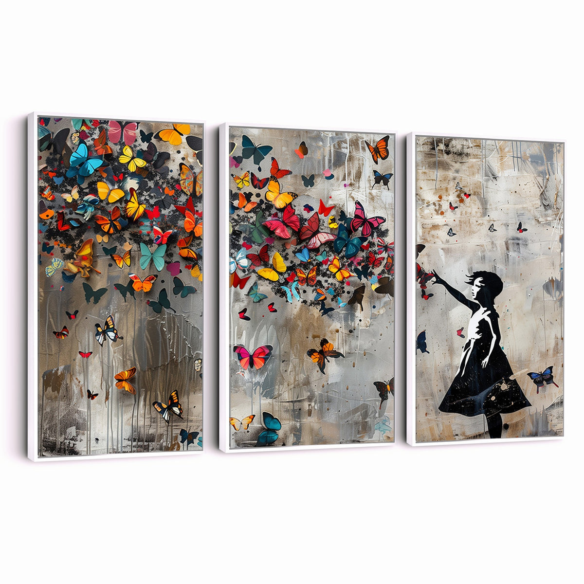 Banksy Wall Art, Banksy Girl and Butterfly Explosion Canvas Print | Extra Large 3 Piece Best Seller Wall Art