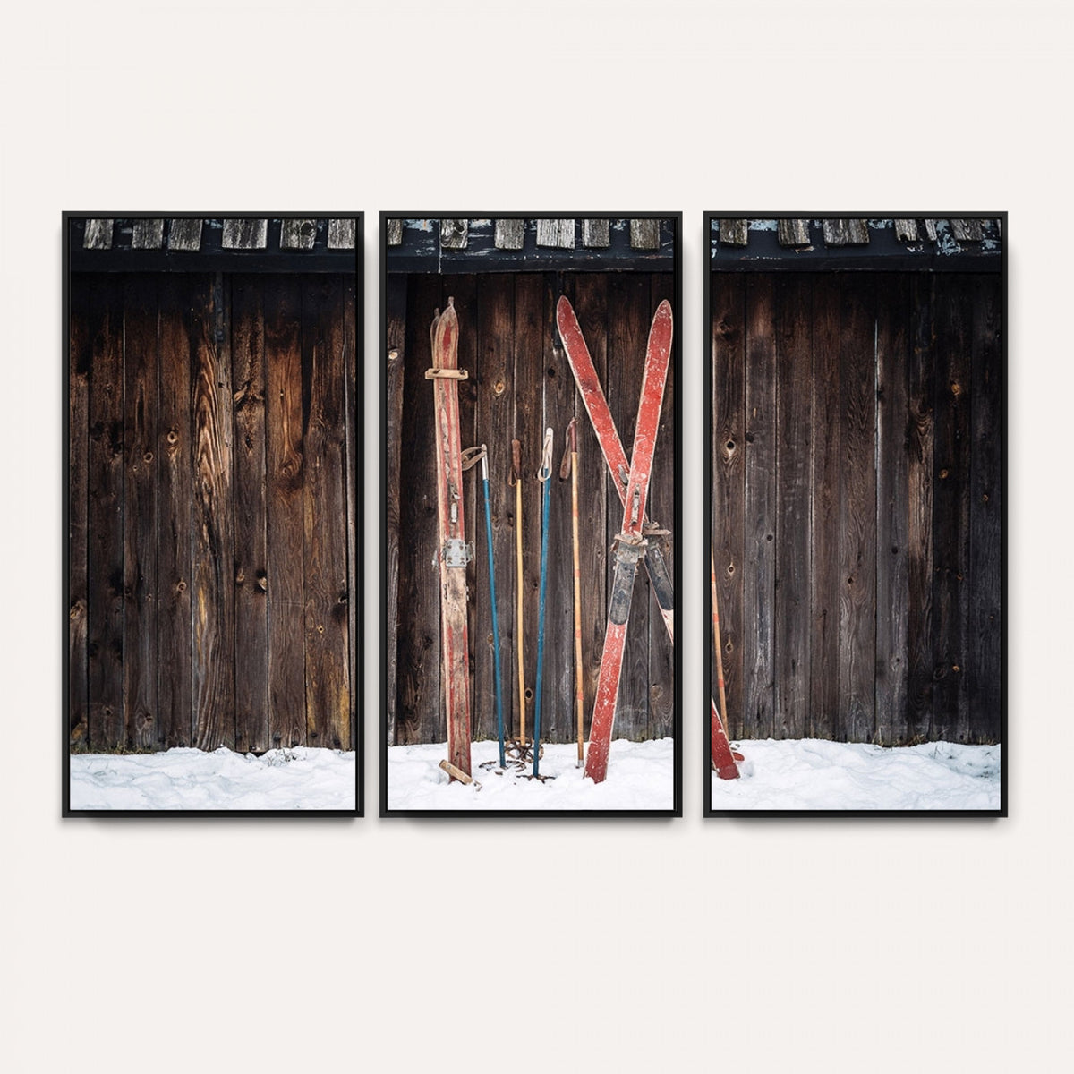 78590-MGV-CV-36X24 - Vintage Ski Gear Canvas Print, Vintage Ski Gear Against Wooden Cabin Wall