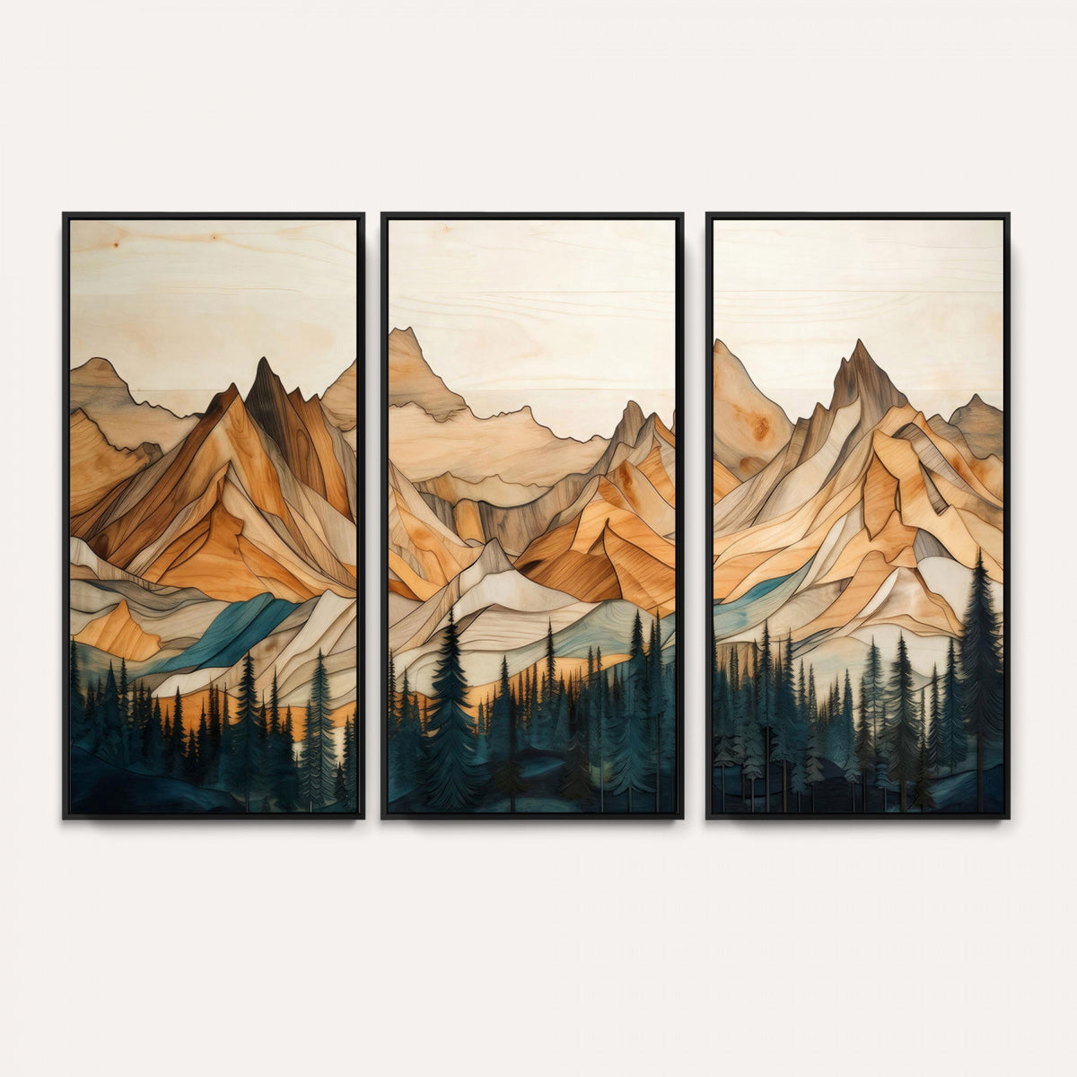 31576-PAN-FL-20X10 - Rustic Wood Mountain Wall Art Print | Triptych Giclee Print Featuring Handcrafted Forest and