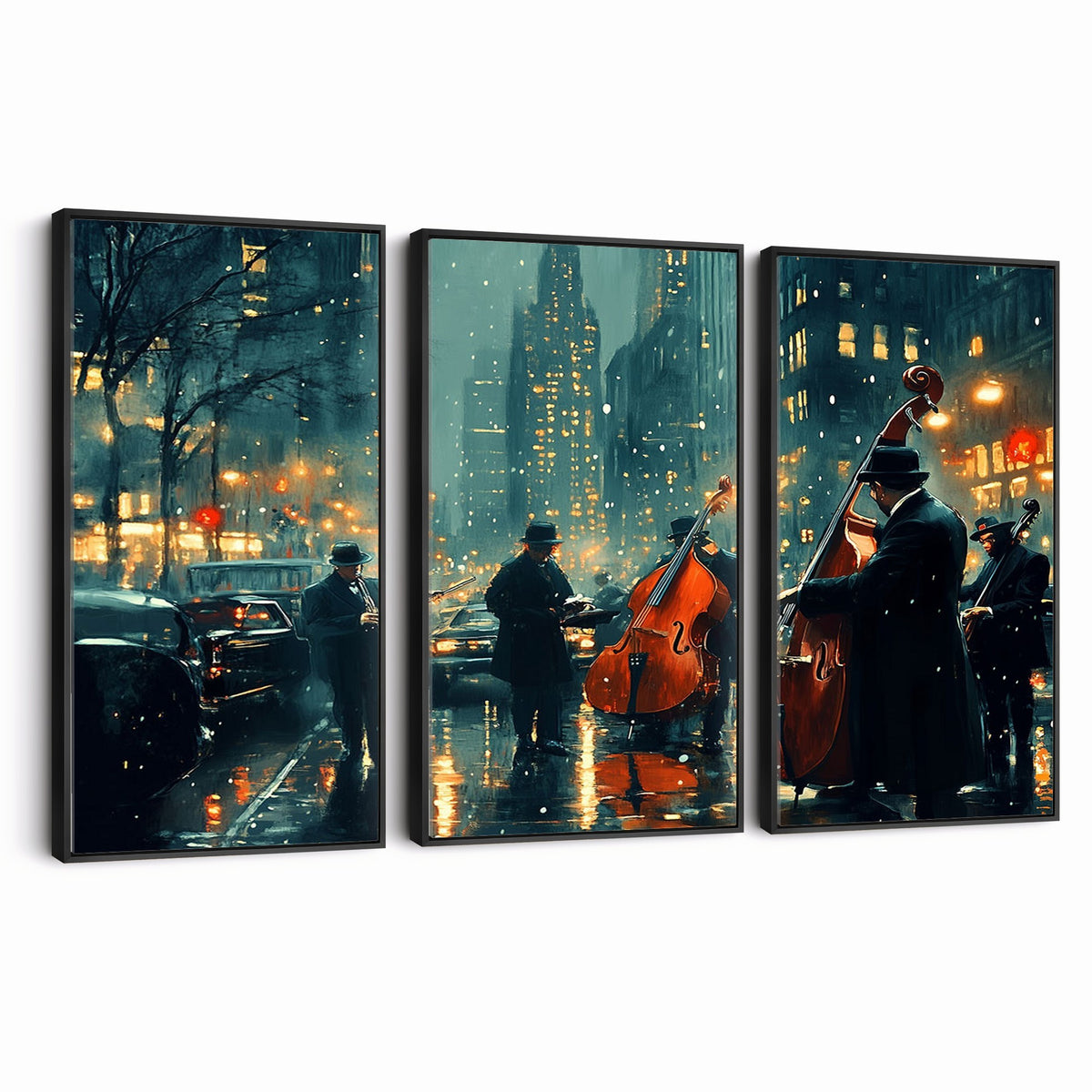53391-MGV-CV-24X16 - Urban Night Jazz Wall Art Canvas Print | Moody Rain Soaked City Street Band Scene