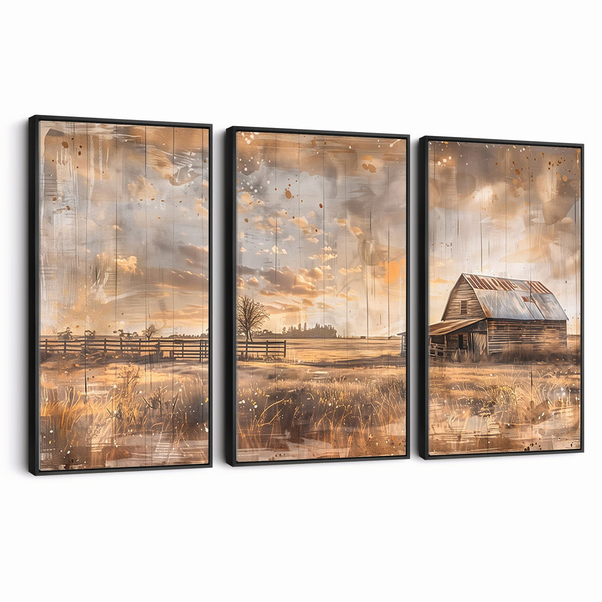 FARM2-MGV-CV-24X16 - Rustic Farmhouse Wall Art Canvas Print | Barn and Field Vintage Country Landscape