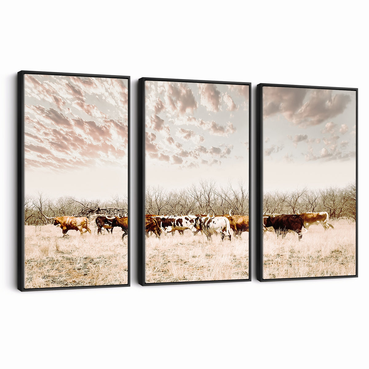 64892775-MGV-CV-24X16 - Longhorn Cattle Wall Art Canvas Print, Framed Texas Ranch Art, Western Cow Print, Prairie Landscape Decor