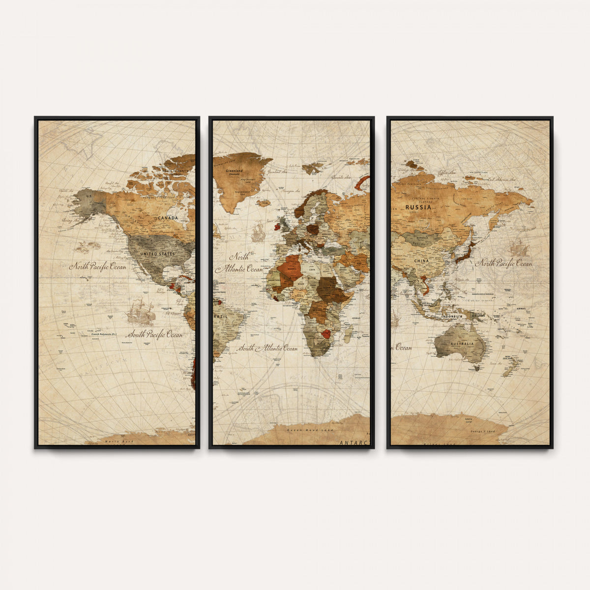 29684537-MGV-CV-36X24 - Vintage World Map Canvas Print, Framed Rustic Detailed Map of the World, Explorer Decor