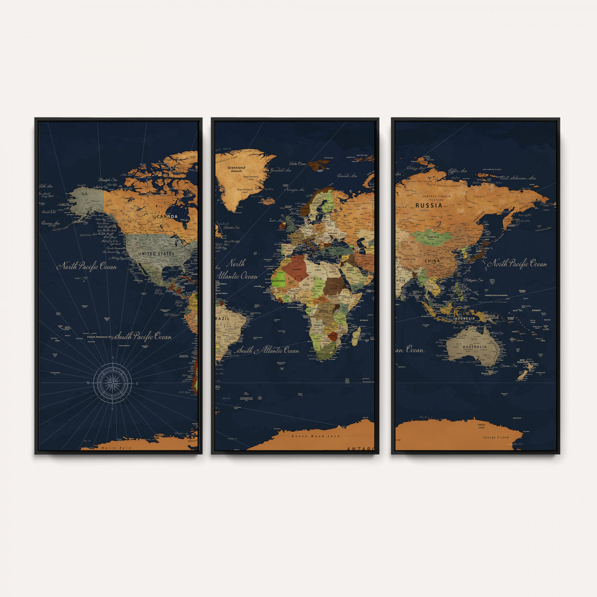 11715182-MGV-CV-36X24 - Modern World Map Canvas Print, Framed Detailed Map of the World Wall Art