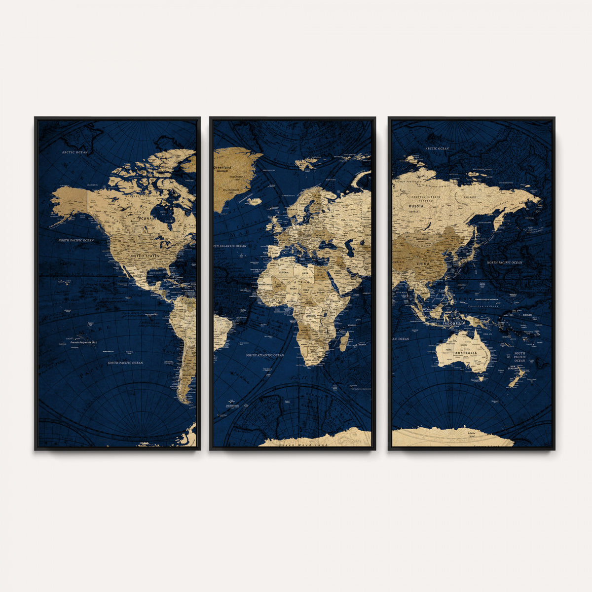 54770746-MGV-CV-36X24 - Navy Blue World Map Canvas Print – Detailed Map Minimal Navy