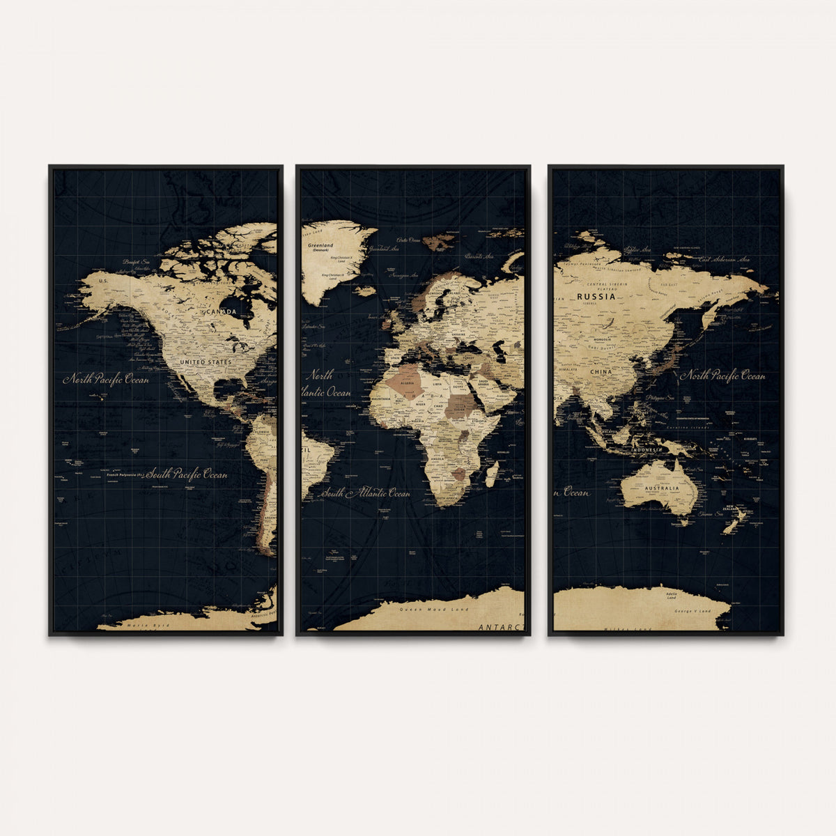 45063434-MGV-CV-36X24 - Dark World Map Canvas Wall Art Print, Minimal Black and Gold Map