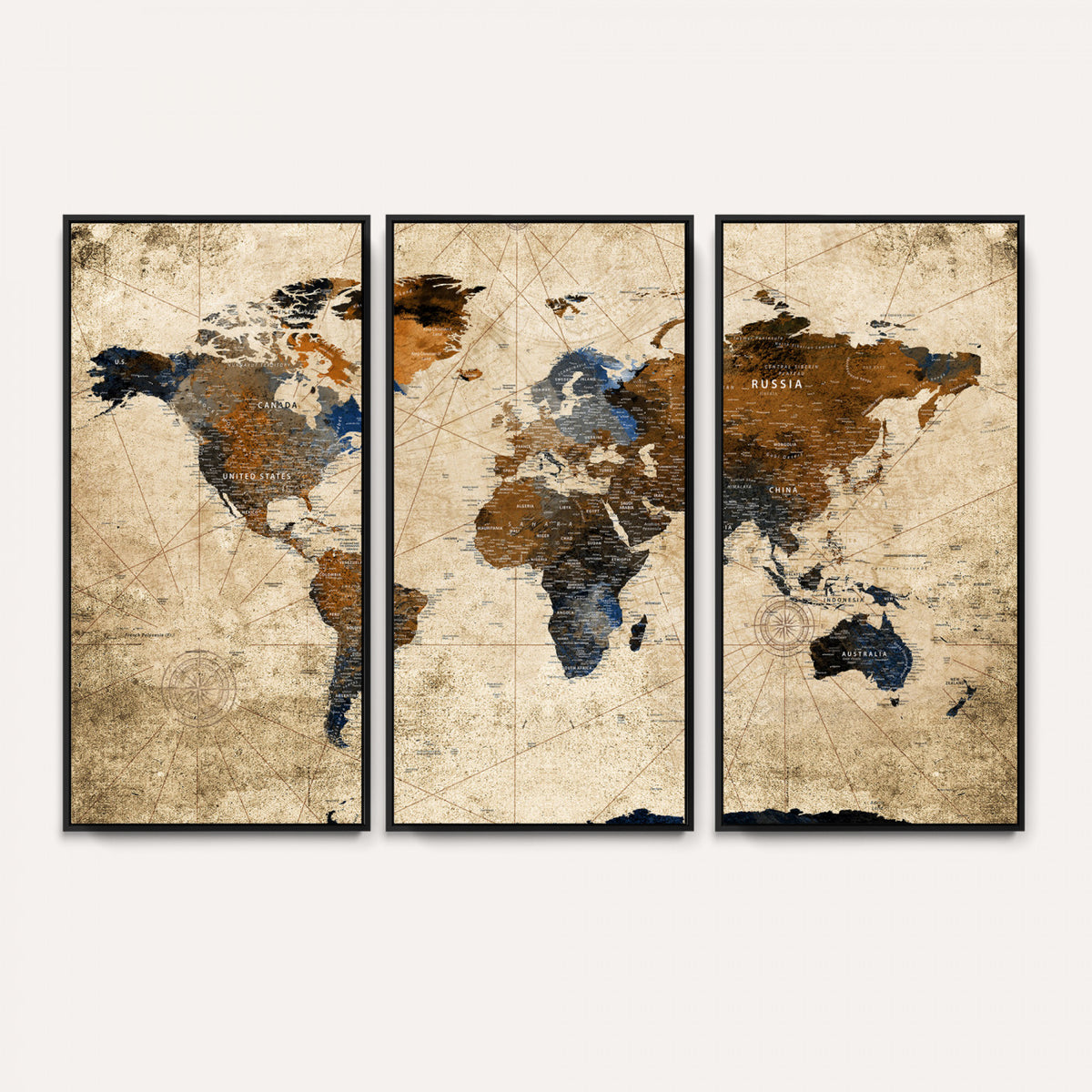 27163414-MGV-CV-36X24 - World Map Wall Art – Rustic Earth Tone Canvas Print, Antique