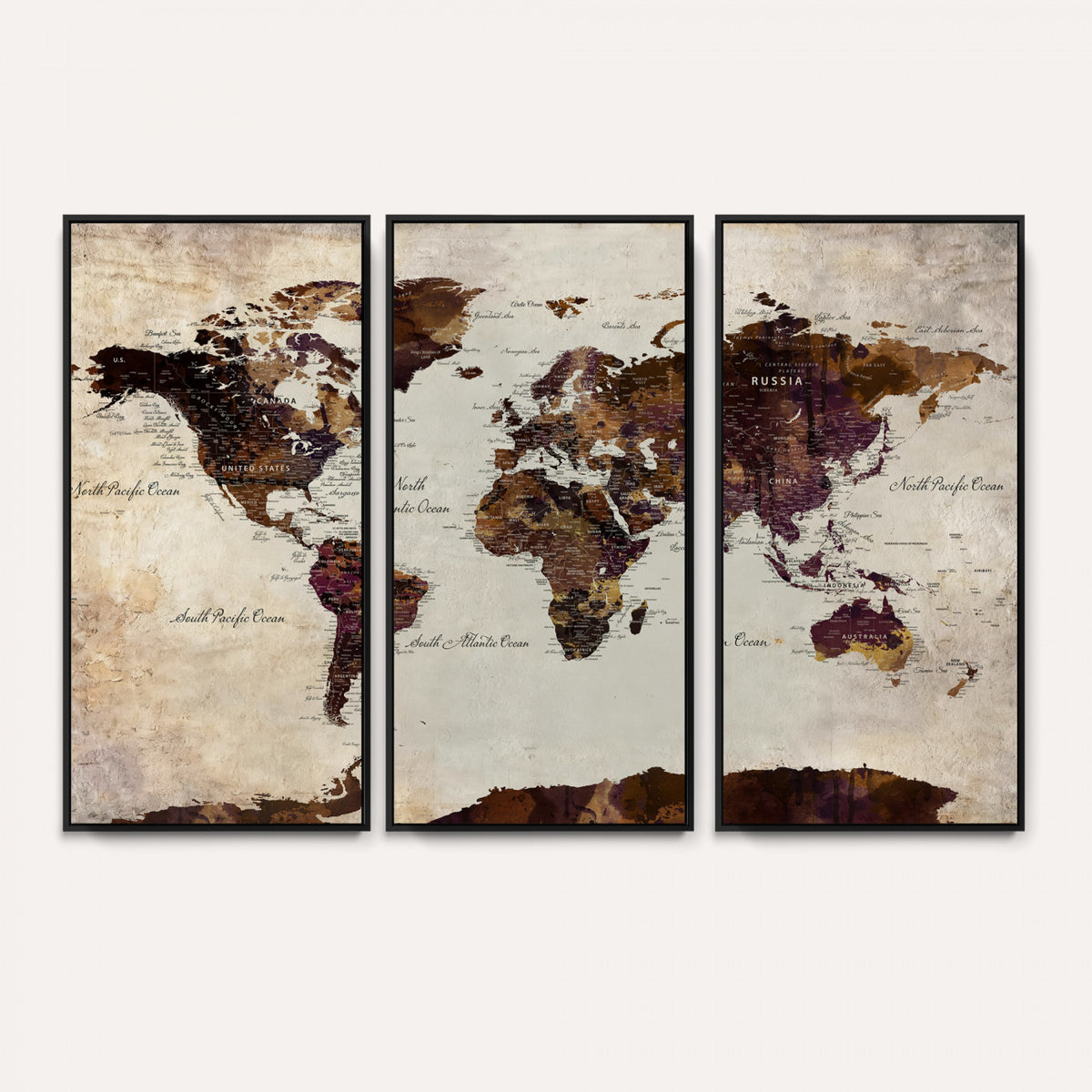 50611123-MGV-CV-36X24 - World Map Canvas Triptych | Colorful Global Wall Art for Living Rooms