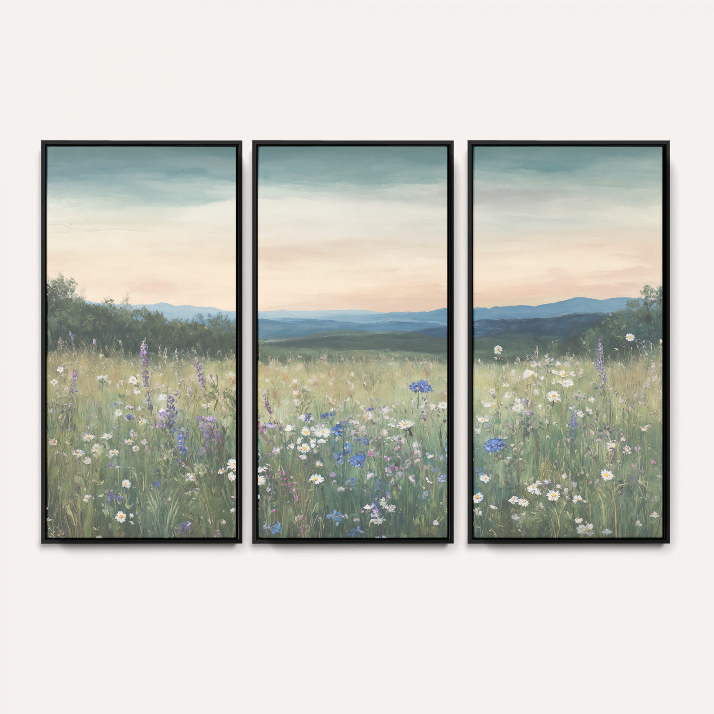 35773805-MGV-CV-36X24 - Wildflower Meadow Oil Painting Canvas Print - Daisy Lavender Mountain Sunset Print | Cottagecore Floral Wall Art - Bedroom Decor Gift for Her