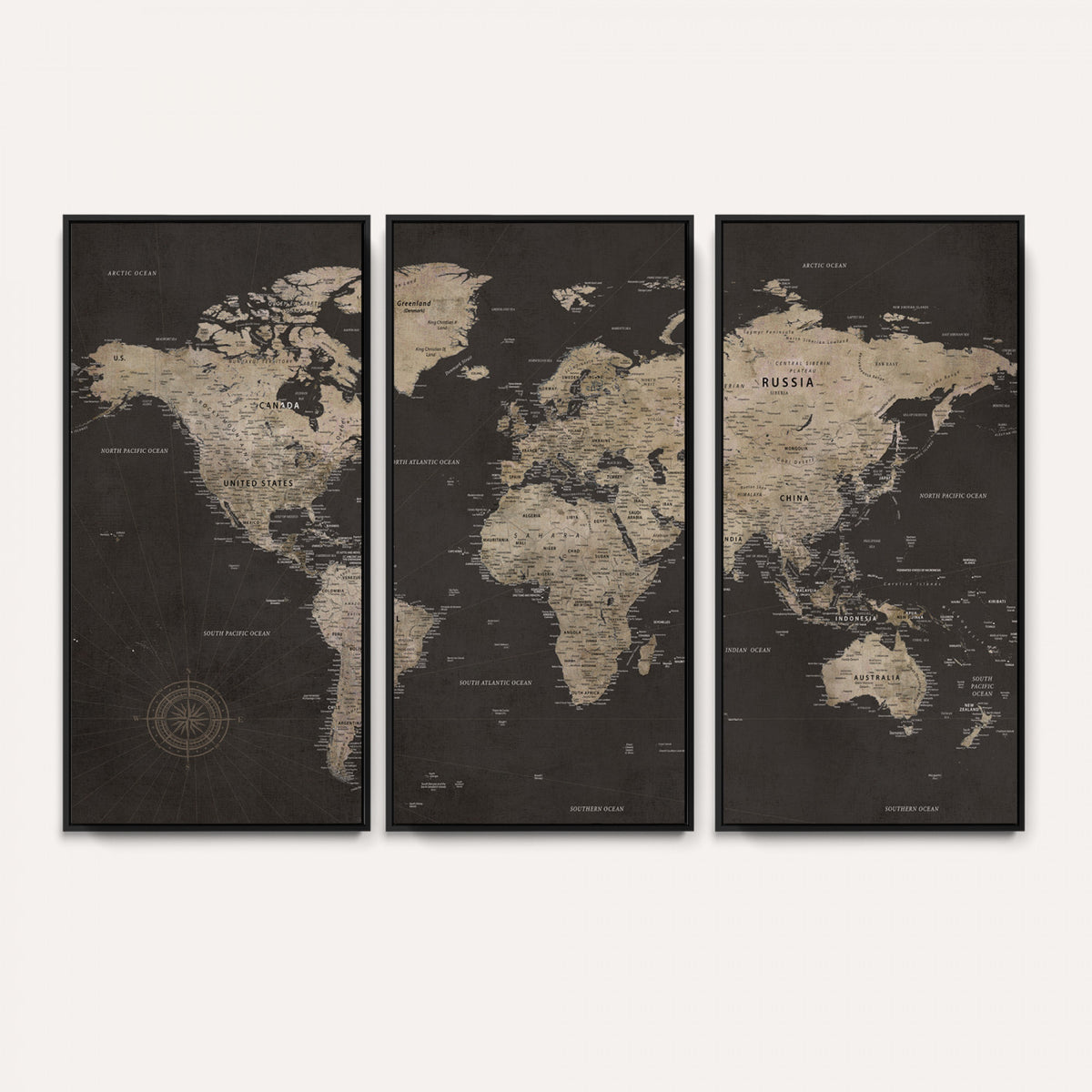 56556018136-MGV-CV-36X24 - World Map Canvas Wall Art, Dark Charcoal and Antique Tan Detailed Map