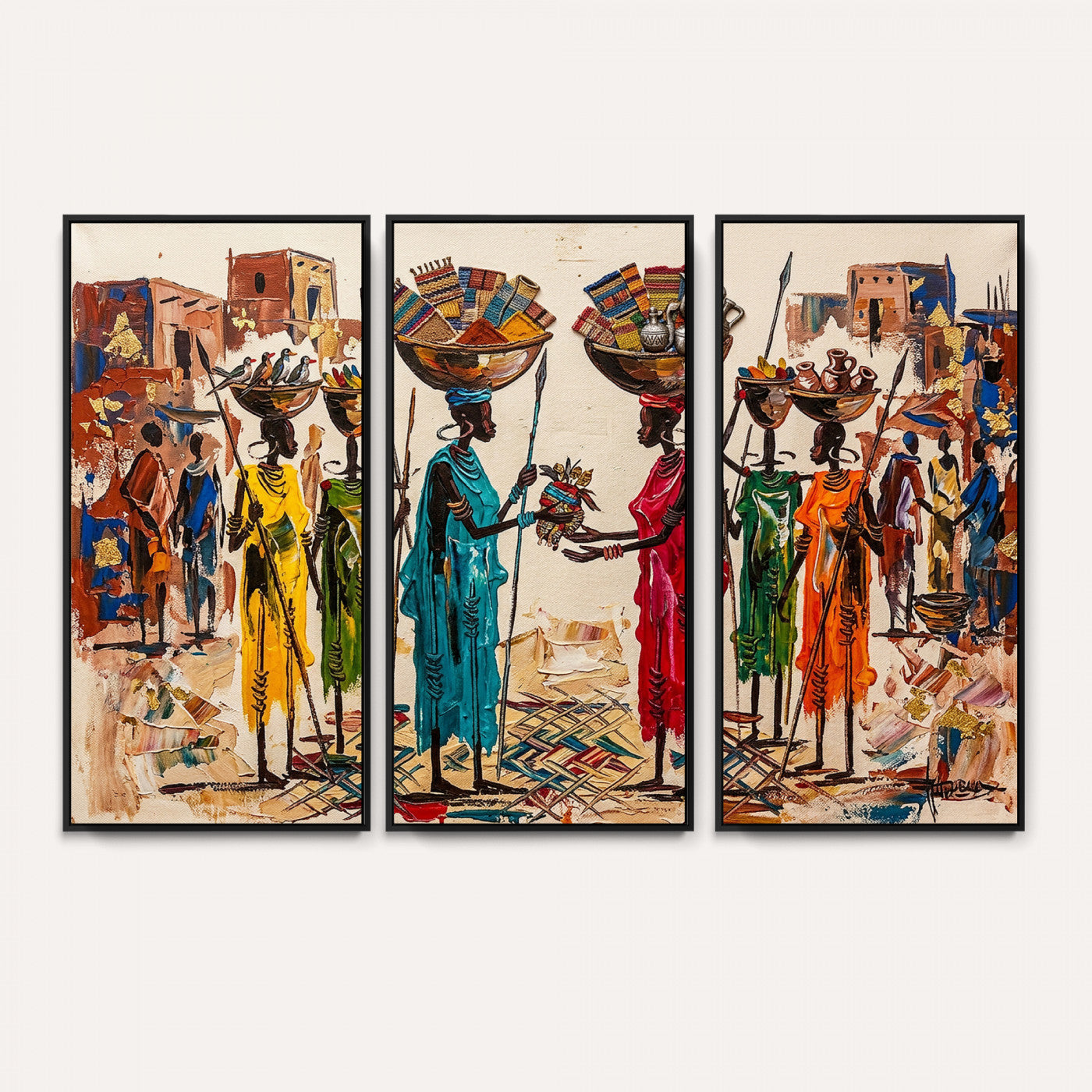 54818657-MGV-CV-36X24 - African Folk Art Canvas Wall Art, Colorful African Women Village Painting Print, Tribal Ethnic Home Decor, Vibrant African Art, Living Room