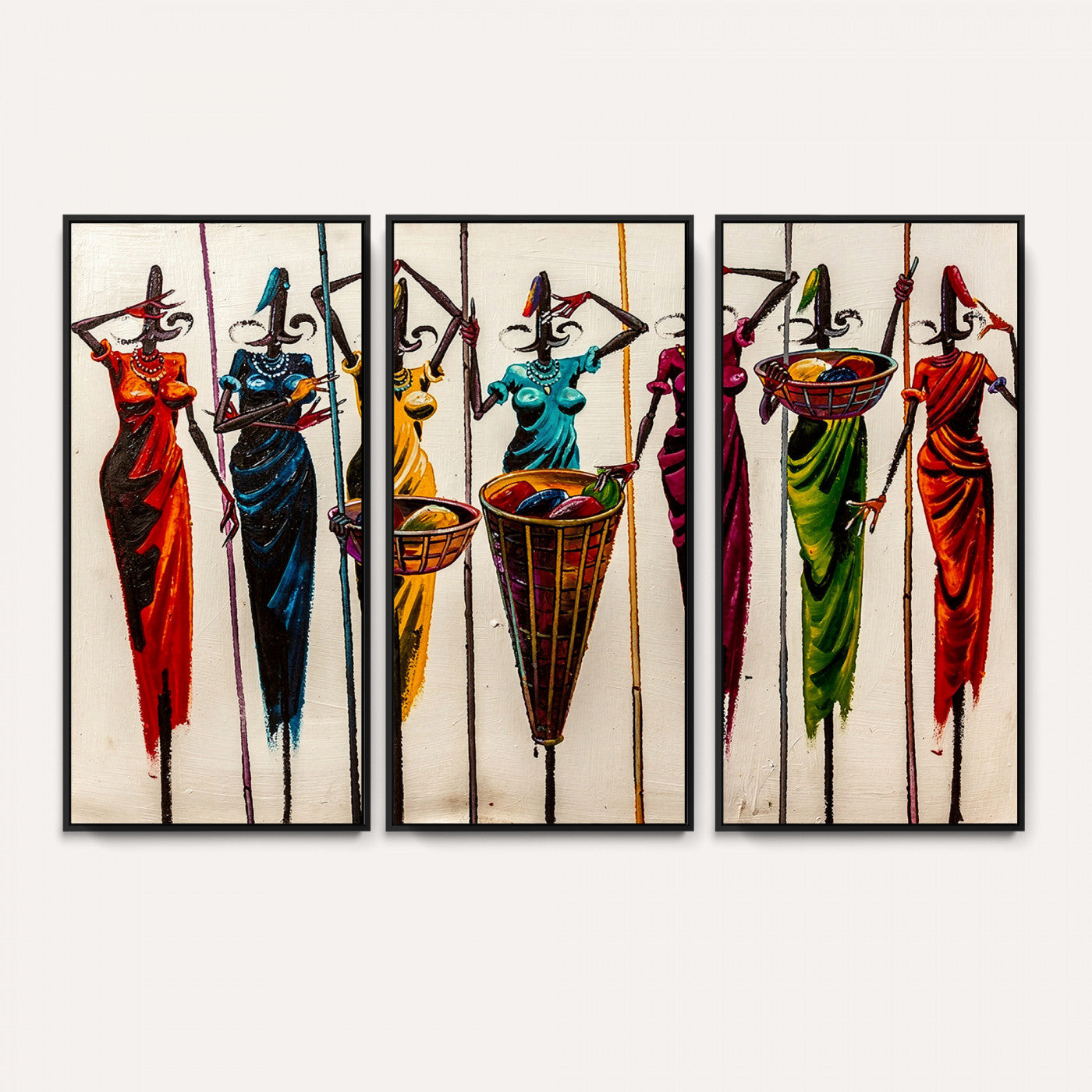 53545627-MGV-CV-36X24 - African Folk Art Canvas Wall Art, Colorful African Women Village Painting Print, Tribal Ethnic Home Decor, Vibrant African Art, Living Room