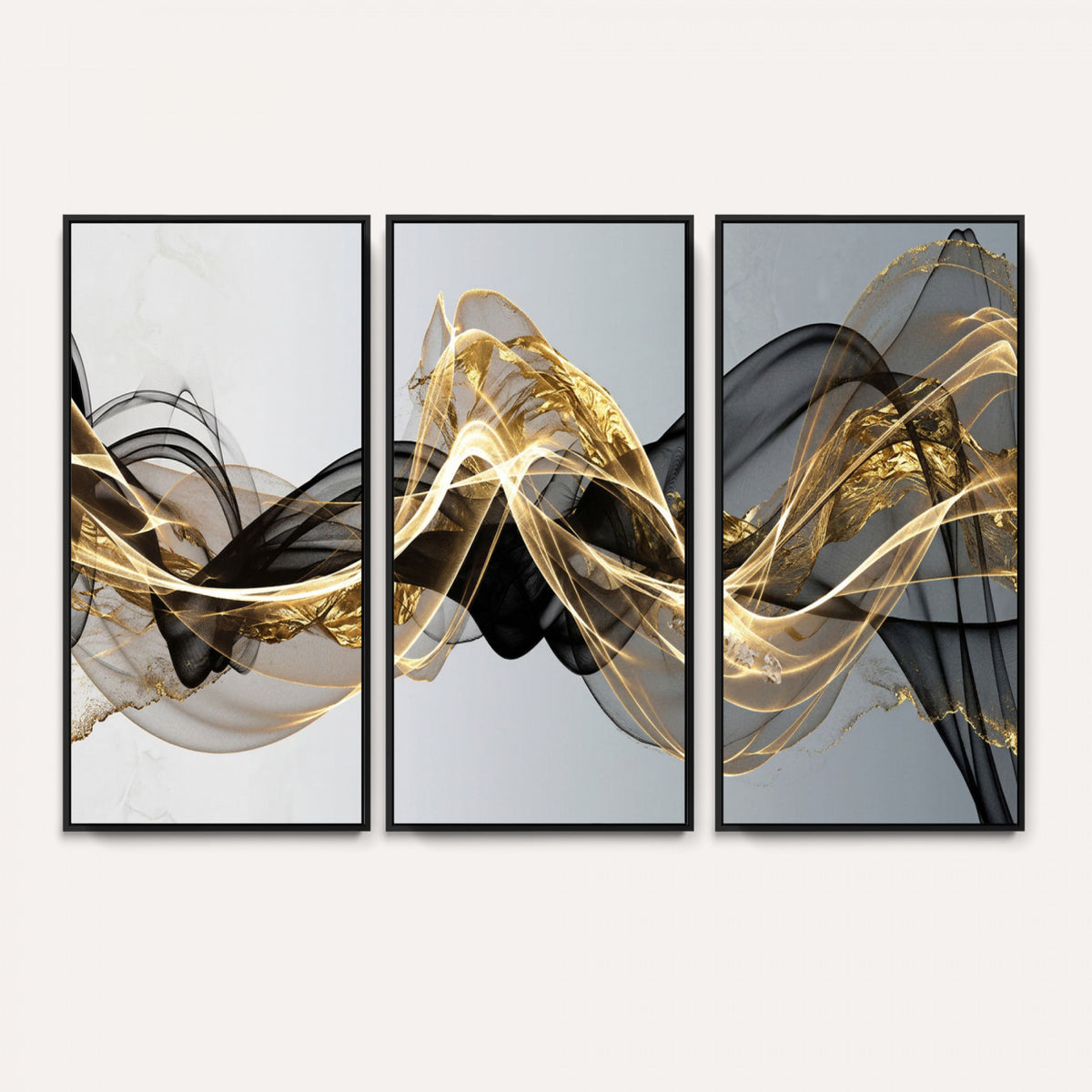 79483321DL-MGV-CV-36X24 - Black and Gold Abstract Wall Art, Modern Wave Canvas Print, Elegant Flowing Smoke Art, Luxury Living Room Decor