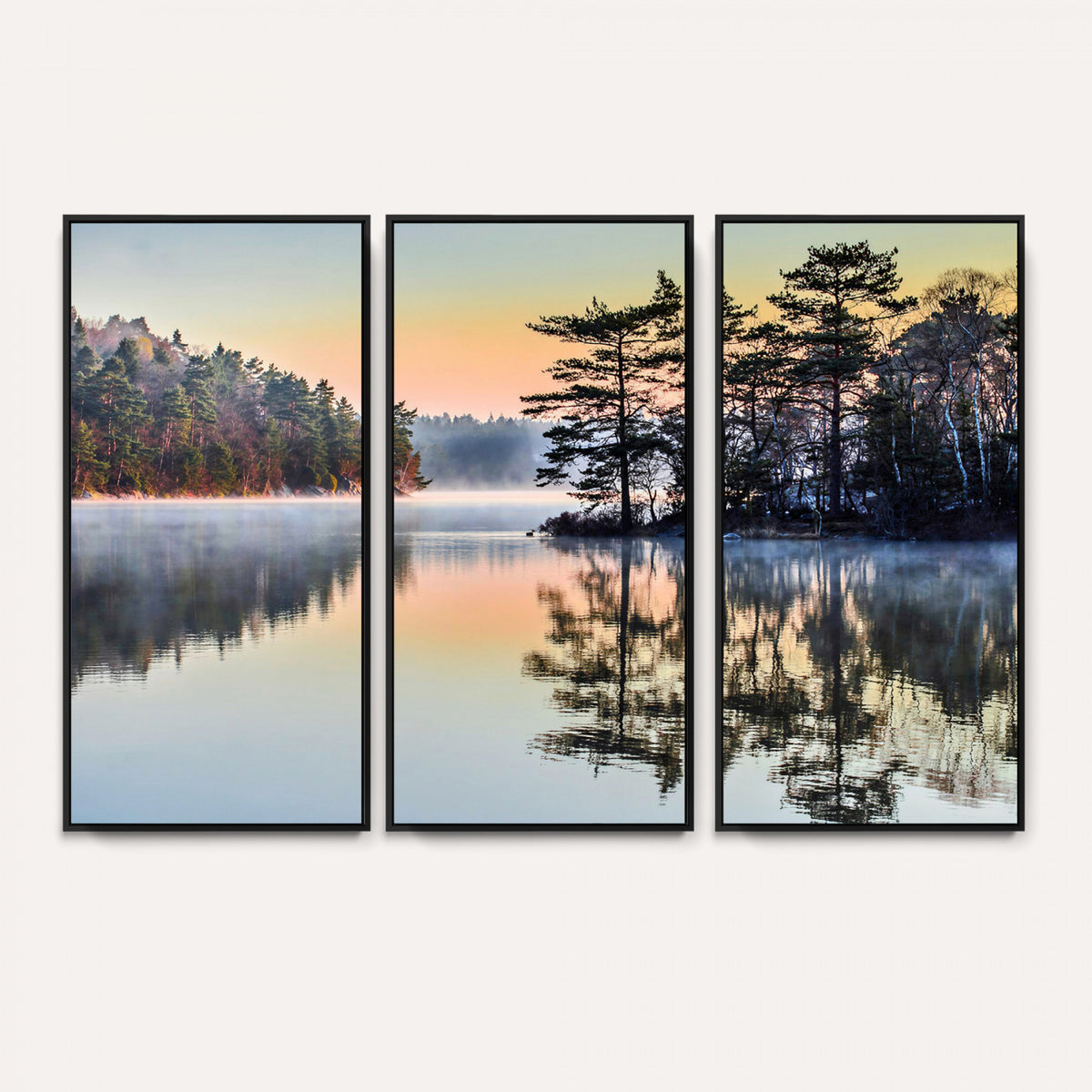 34236027-MGV-CV-36X24 - Before People Wake Canvas Wall Art Print, Misty Lake Sunrise Landscape, Forest Reflection Nature Decor, Ready to Hang