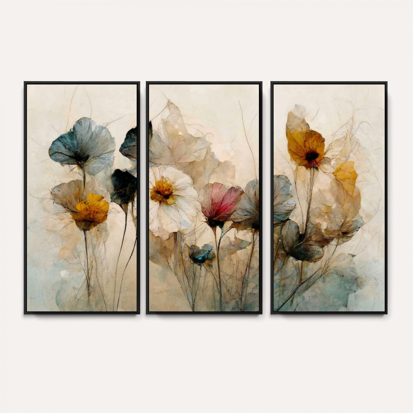 86802229-MGV-CV-36X24 - Vintage Dried Floral Meadow Wall Art Canvas Print, Translucent Watercolor Flowers Painting Print