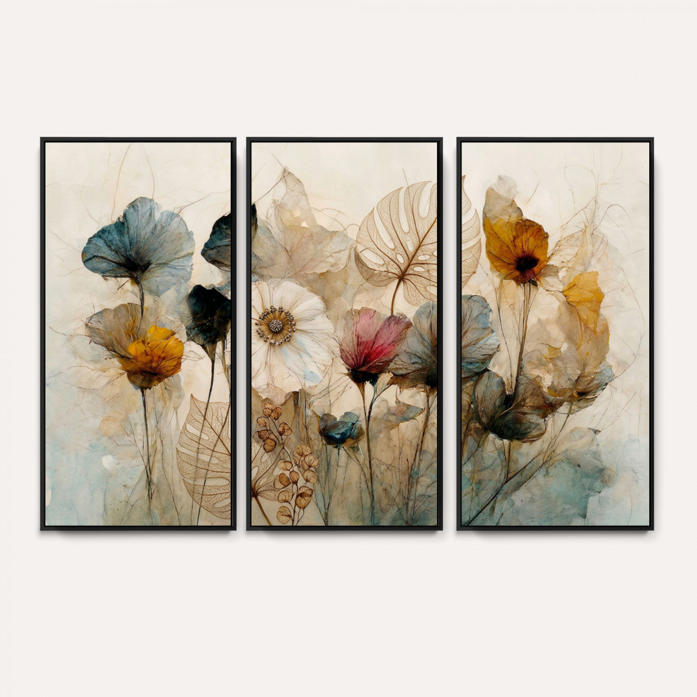 93171612-MGV-CV-36X24 - Vintage Dried Floral Meadow Wall Art Canvas Print, Translucent Watercolor Flowers Painting Print
