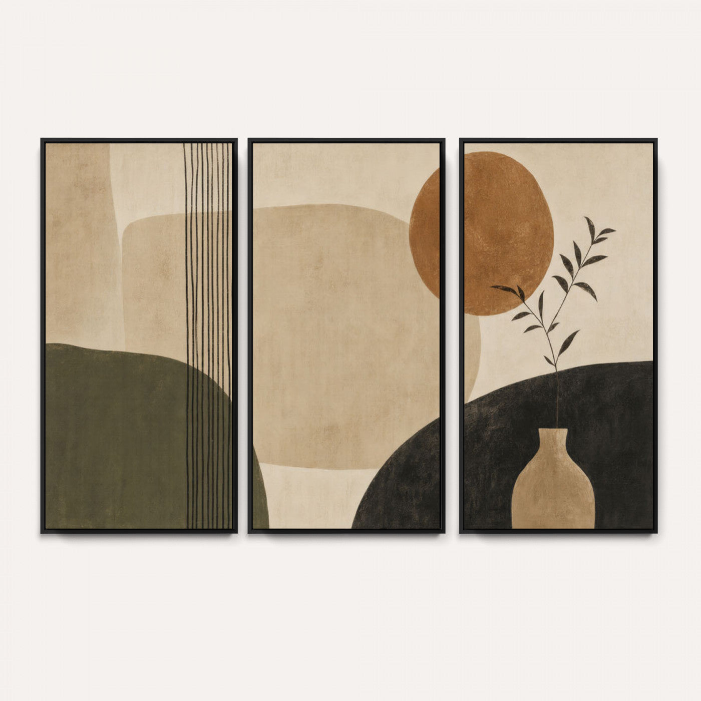 29113684-MGV-CV-36X24 - Japandi Minimalist Abstract Wall Art Canvas Print, Sage Green and Terracotta Sun Botanical Painting Print