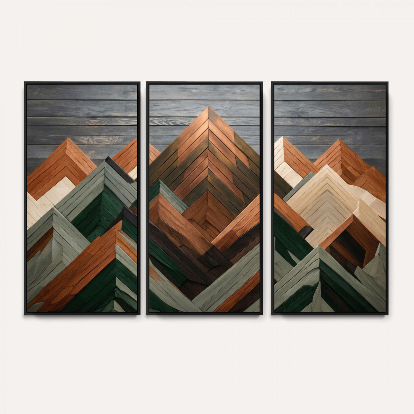 84617347-MGV-CV-36X24 - Geometric Wood Mountain Wall Art Canvas Print, 3D Look Rustic Mosaic Landscape Print
