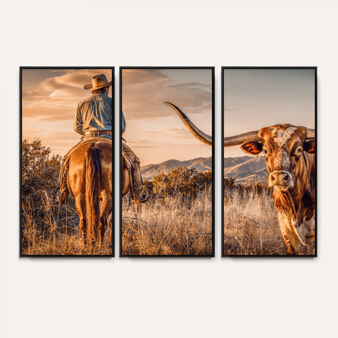 62076449C-MGV-CV-36X24 - Texas Cowboy and Longhorn Bull Print for Western Wall Art Decor for Farmhouse