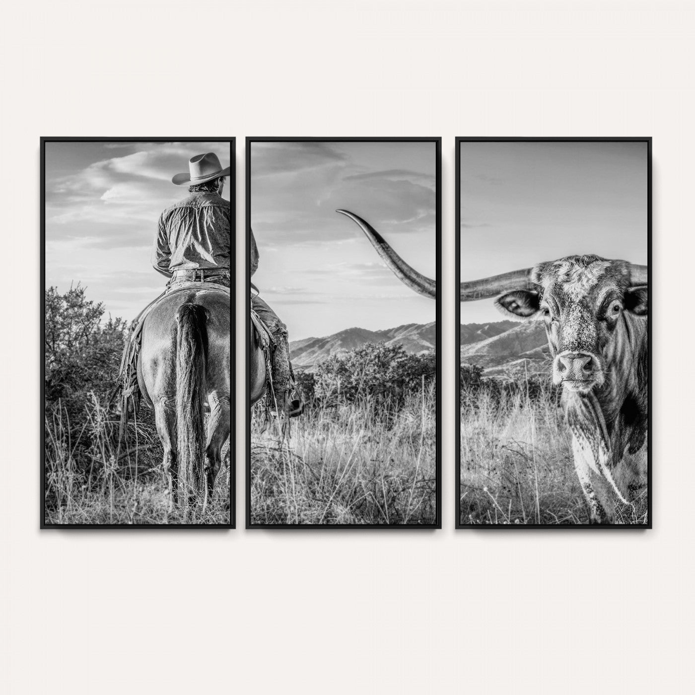 62076449WB-MGV-CV-36X24 - Texas Cowboy and Longhorn Bull Print for Western Wall Art Decor for Farmhouse