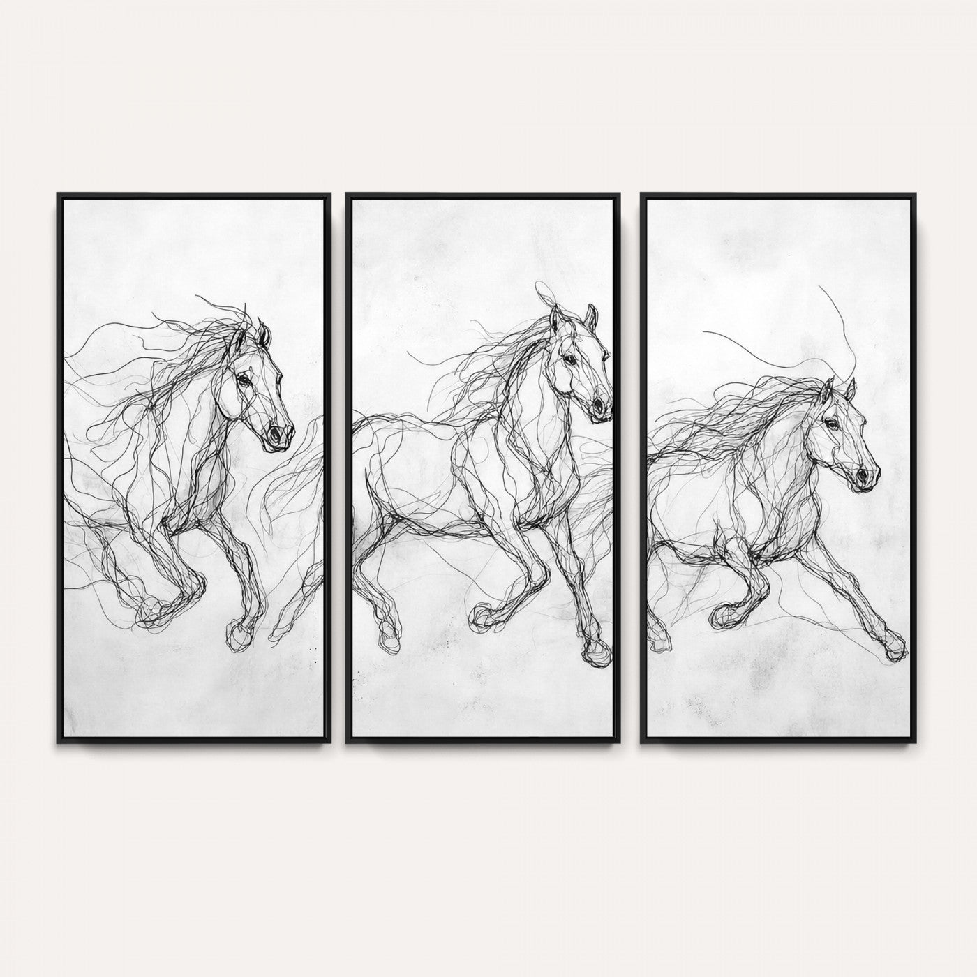 53600119-MGV-CV-36X24 - Monochrome Horse Canvas Wall Art, Black Ink Sketch Wild Horses Print, Minimalist Equestrian Artwork, Modern Abstract Line Decor, Urban Loft Gift