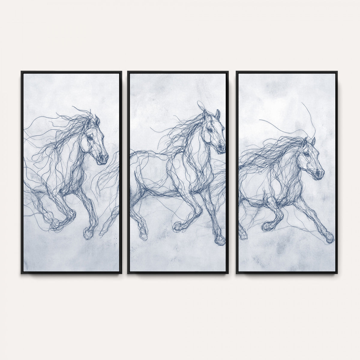 41163601-MGV-CV-36X24 - Indigo Blue Horse Line Art Canvas, Steel Grey Wild Horses Print, Abstract Navy Scribble Artwork, Modern Slate Equine Wall Decor, Coastal Ranch Gift