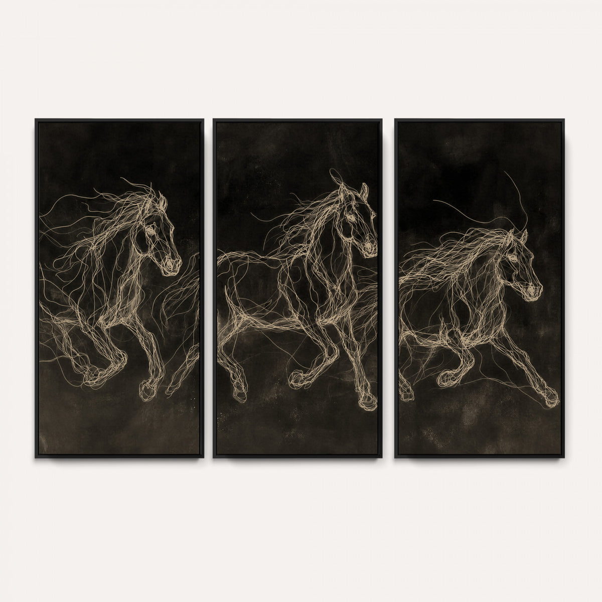15344242-MGV-CV-36X24 - Dark Horse Line Art Canvas, Gold Scribble Wild Horses Print, Black Chalkboard Wall Art, Modern Luxury Equine Decor, Masculine Office Gift
