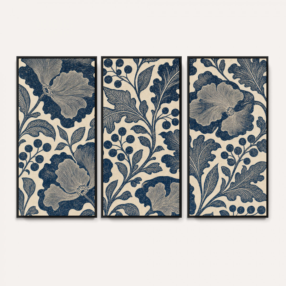 23824002-MGV-CV-36X24 - William Morris Style Navy Blue Floral Wall Art Canvas Print, Vintage Cream Botanical Painting Print