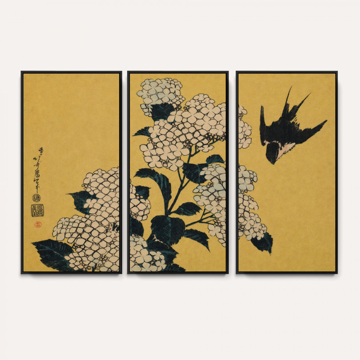 92483501-MGV-CV-36X24 - Katsushika Hokusai Hydrangea and Swallow Wall Art Canvas Print, Japanese Woodblock Painting Print