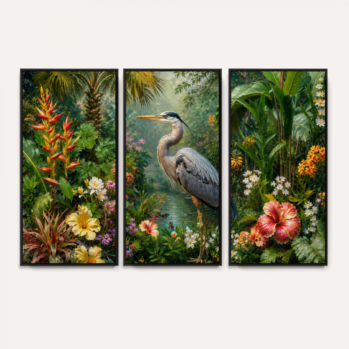 81059387-MGV-CV-36X24 - Great Blue Heron Tropical Jungle Wall Art Canvas Print, Exotic Botanical Garden Painting Print
