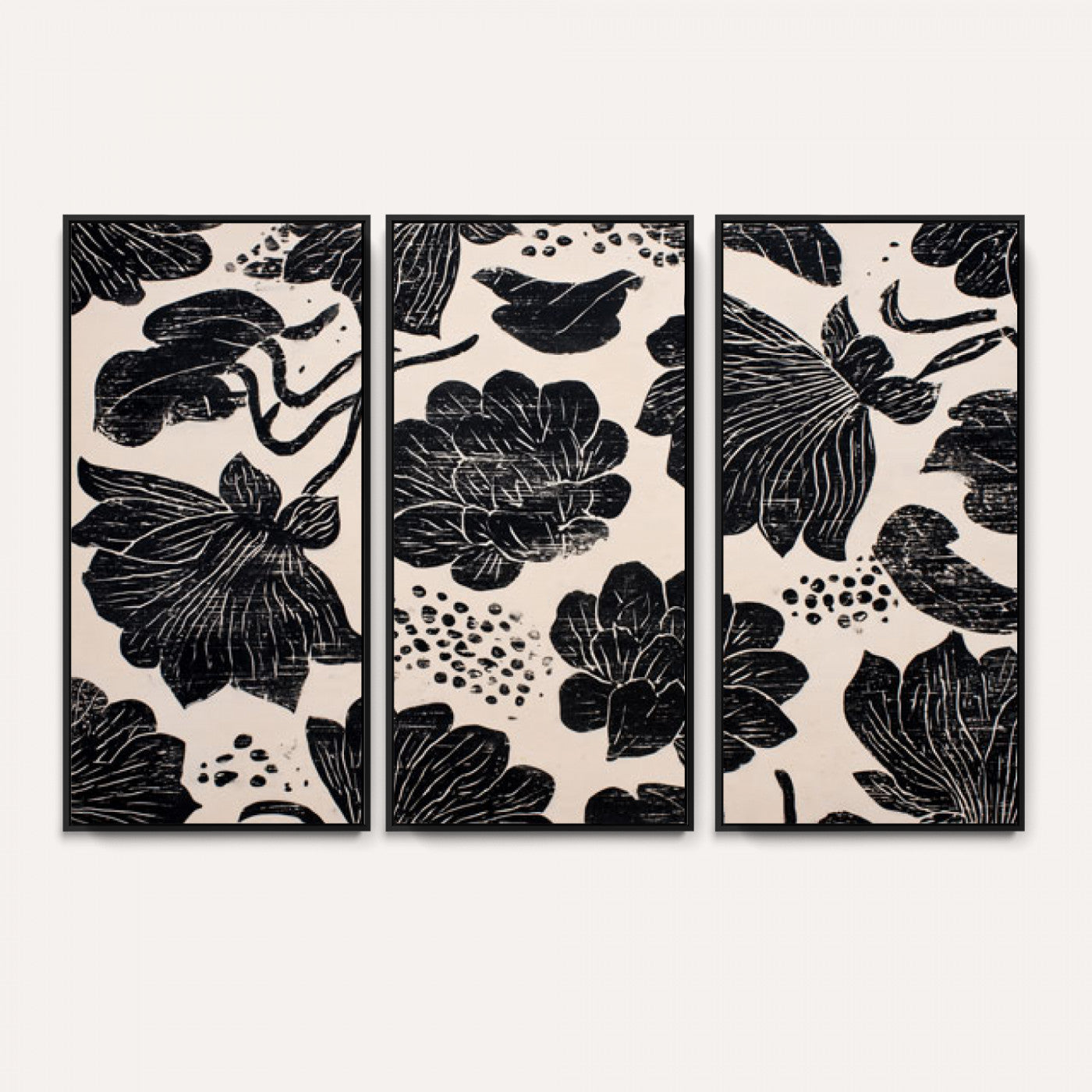 81787117-MGV-CV-36X24 - Linocut Black Lotus Floral Wall Art Canvas Print, Vintage Monochrome Botanical Painting Print