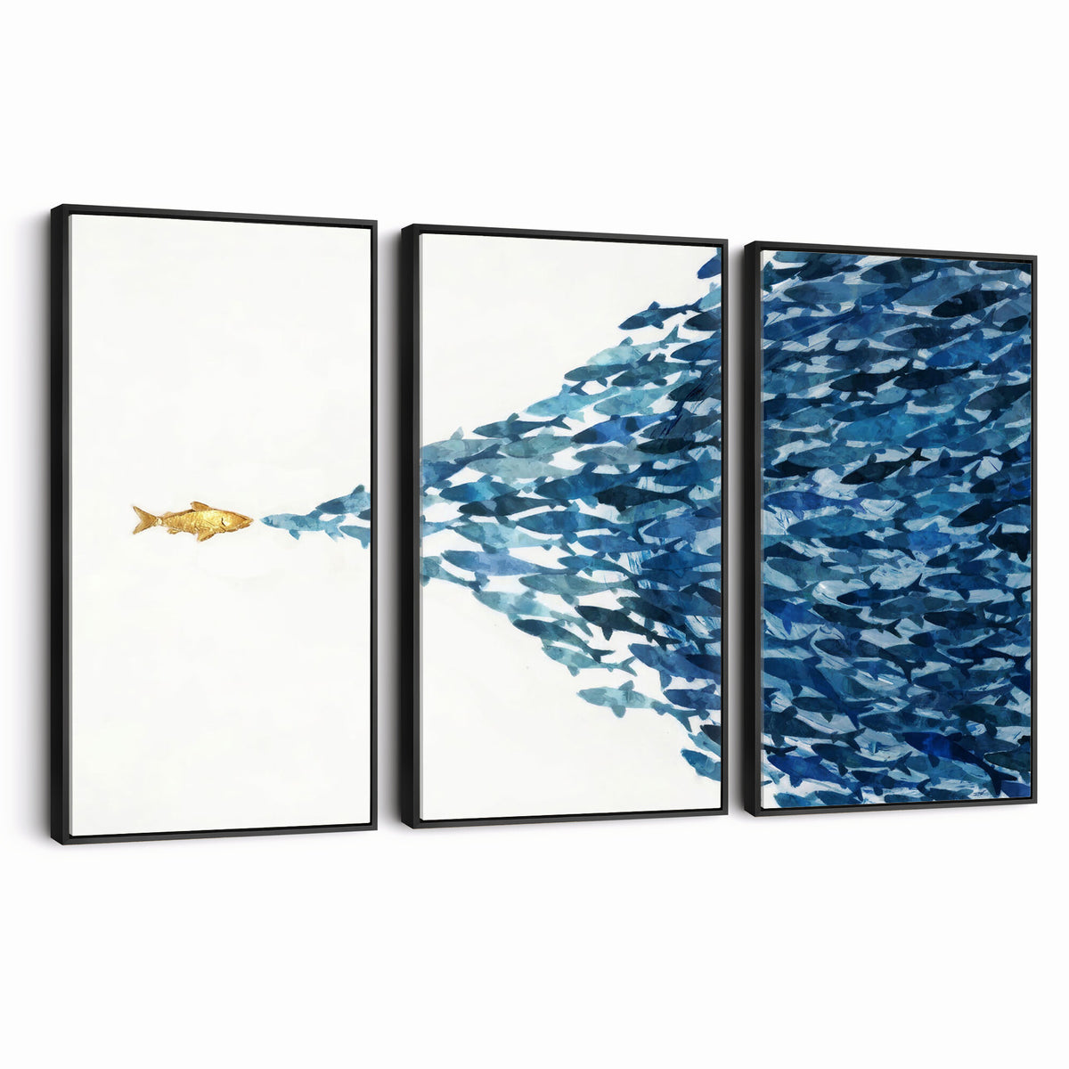 79089639-MGV-CV-36X24 - Abstract Blue Fish School Canvas Wall Art, Gold Foil Accent Marine Print