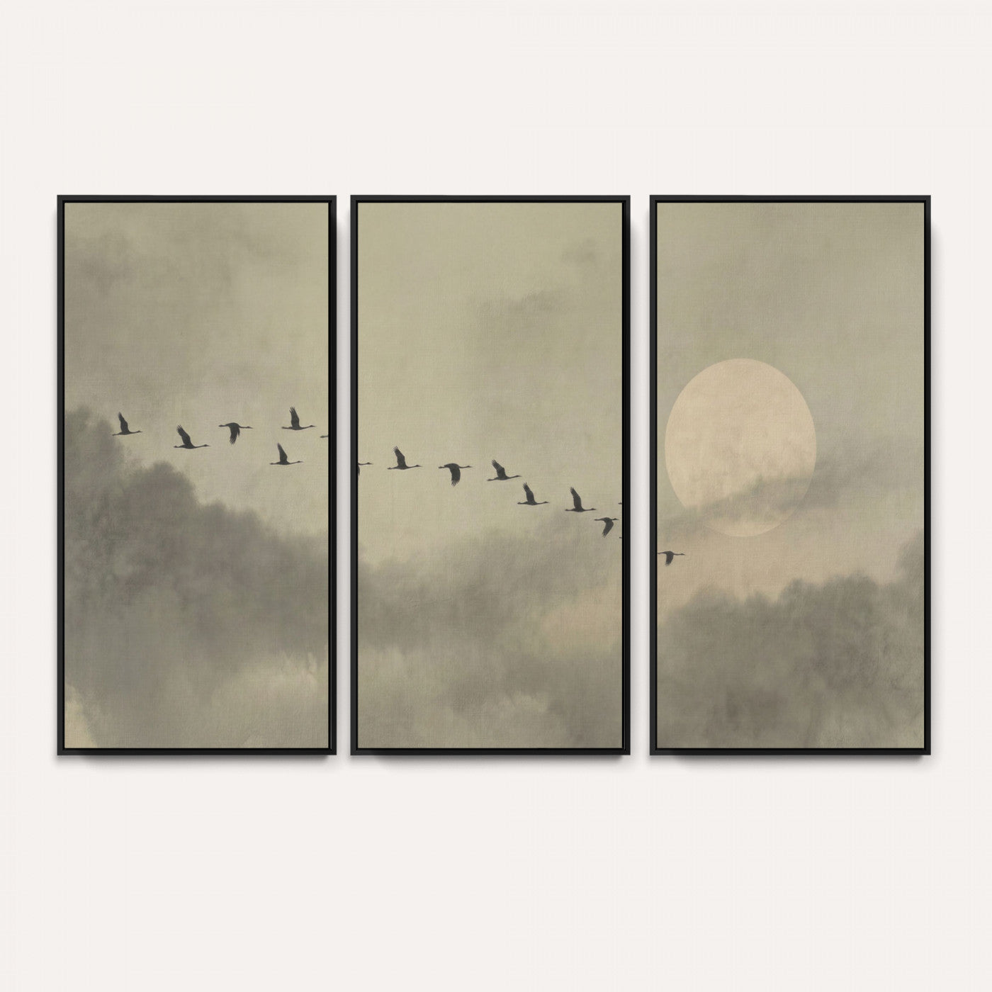 1209814B-MGV-CV-36X24 - Flying Cranes Canvas Wall Art, Misty Landscape with Moon, Sage Green Japandi Decor, Framed Print