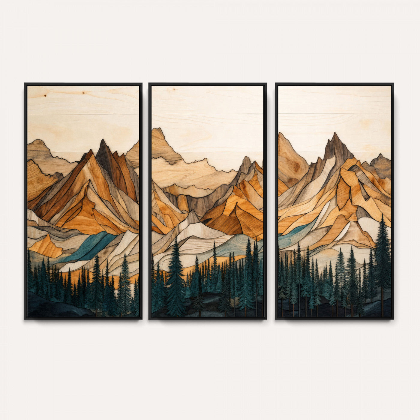 57384313-MGV-CV-48X32-3P - Mountain Landscape Canvas Wall Art with Wood Grain Effect, Golden Peaks and Teal Pine Forest, Framed Cabin Decor
