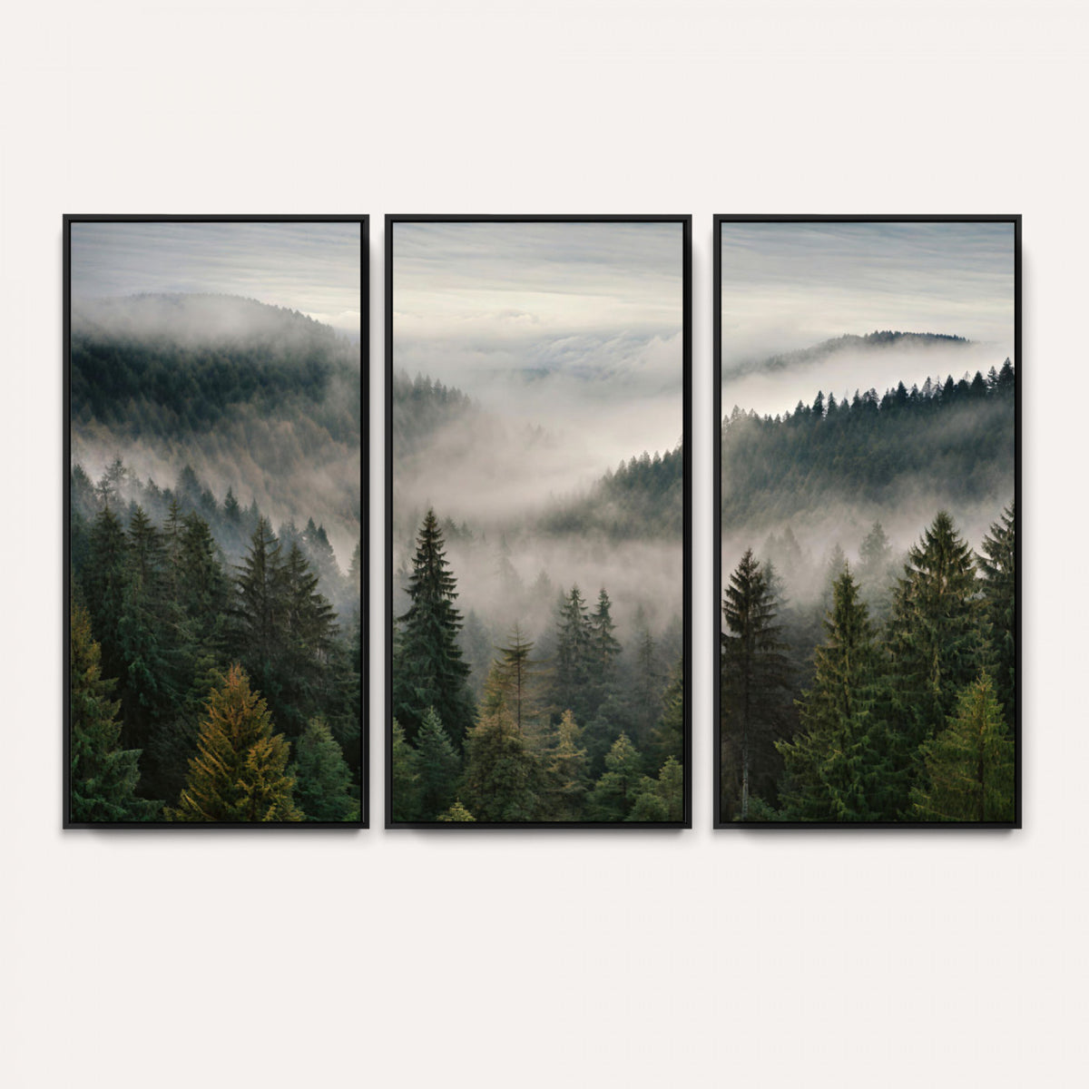 38409495-_Poster-30x20 - Misty Pine Valley Mountain Canvas Print 3 Piece Framed Wall Art Extra Large Floating Frame Nature Poster Made in USA