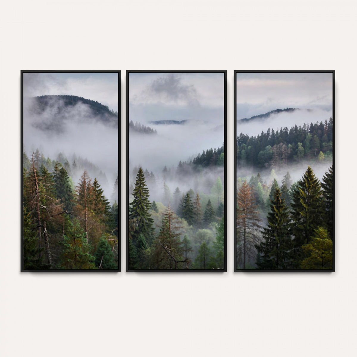 18735847-_Poster-30x20 - Foggy Pine Forest Mountain Canvas Print 3 Piece Framed Wall Art Extra Large Floating Frame Nature Poster Made in USA