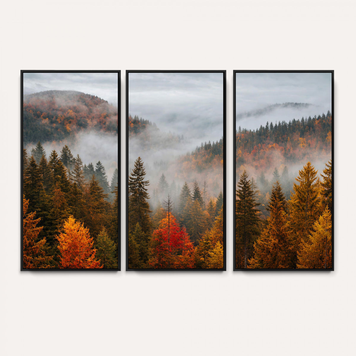 87481341-_Poster-30x20 - Foggy Autumn Mountain Canvas Print Smoky Pine Forest Wall Art Panoramic Nature Poster 3 Piece Made in USA