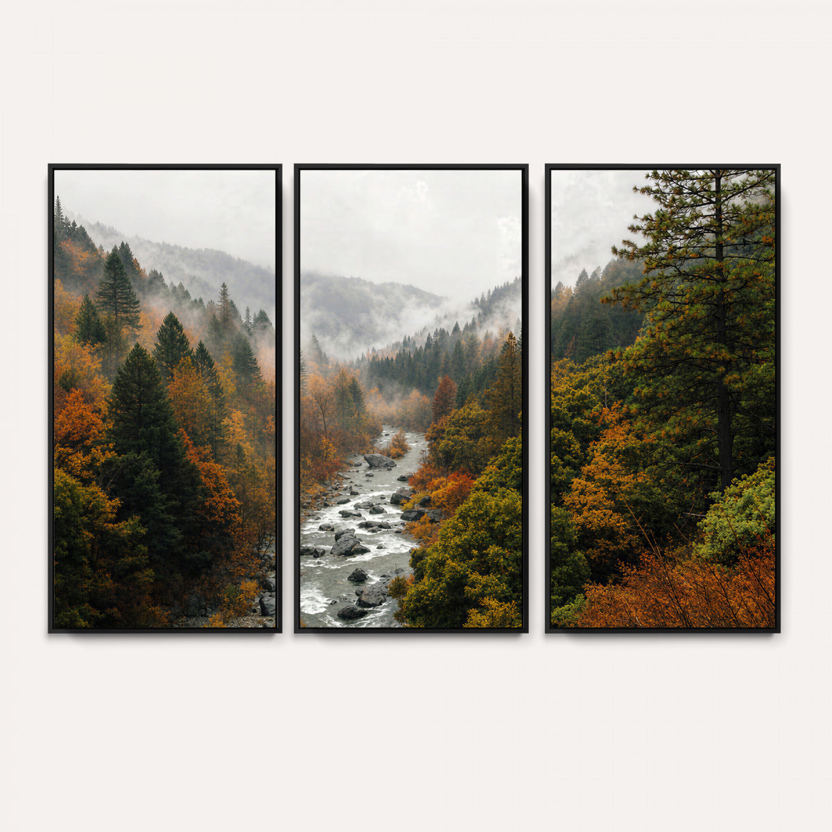 95540697-MGV-TP-30X20 - Misty River Mountain Valley Canvas Wall Art - Autumn Forest Landscape Nature Print