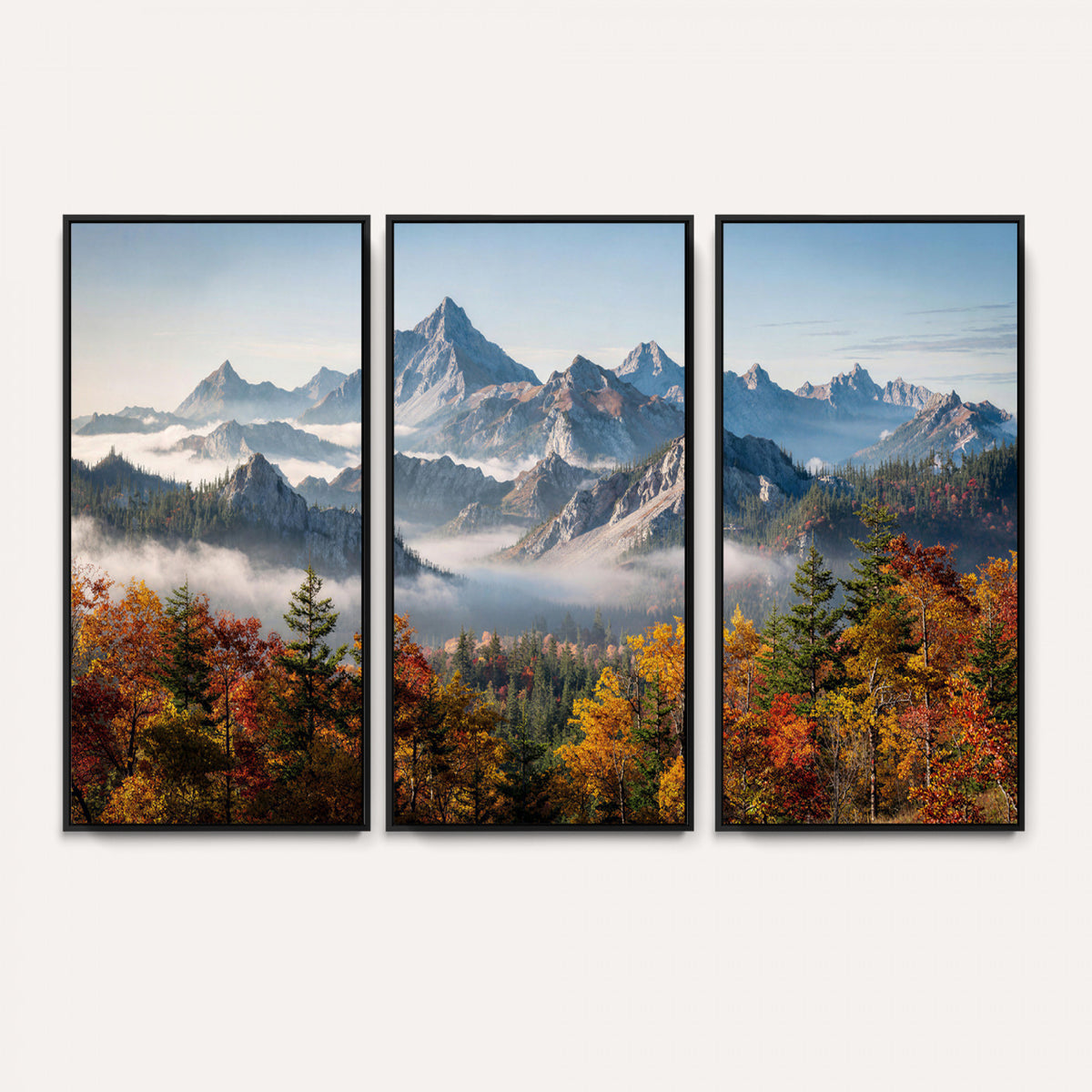 38847944-MGV-TP-30X20 - Majestic Mountain Peak Canvas Wall Art - Panoramic Autumn Forest Fog Landscape Print