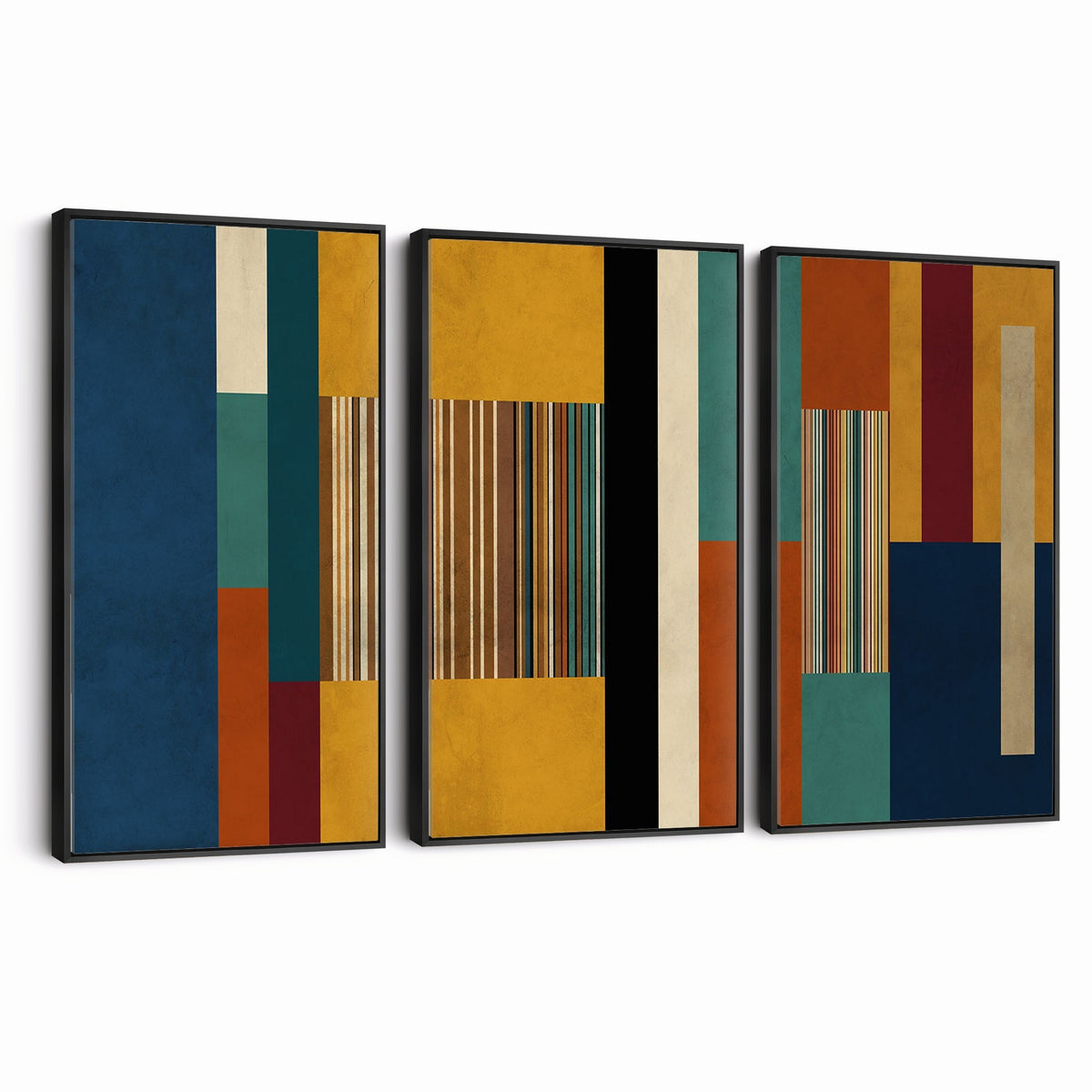 53992657-MGV-CV-48X32-3P - Mid Century Abstract Color Block Canvas Wall Art, Geometric Striped Canvas Print