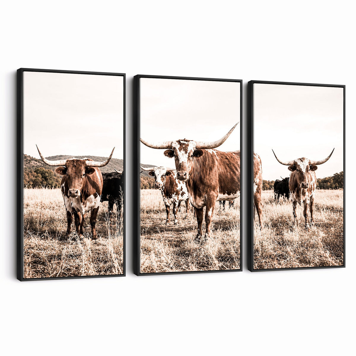 25234808-MGV-CV-48X32-3P - Texas Longhorn Cattle Canvas Wall Art, Western Ranch Home Decor
