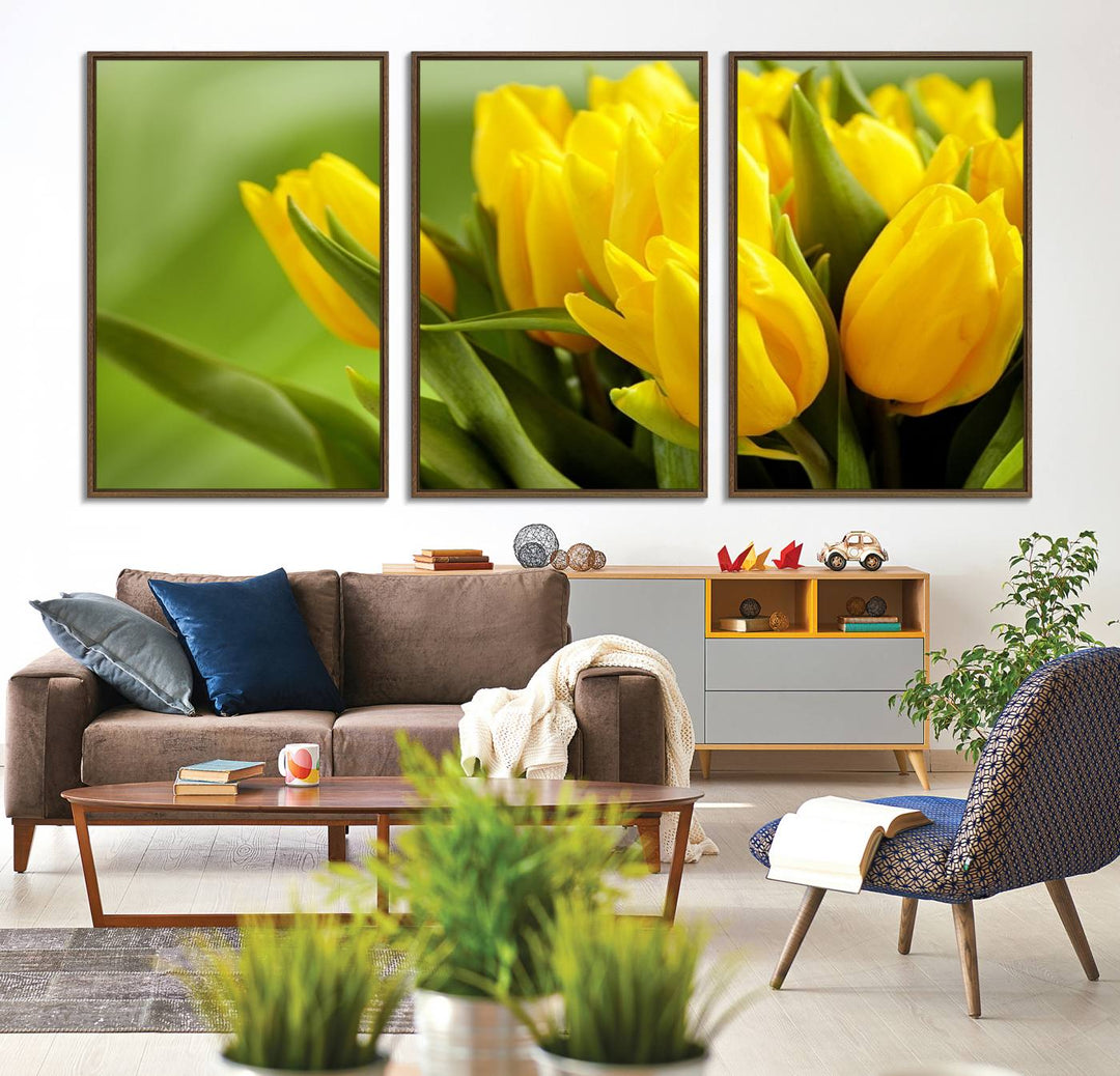 The Wall Art Yellow Tulips Canvas Print on a green background is featured.