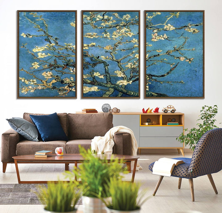 A Van Goghs Almond Blossom canvas print adds a touch of elegance to the wall.