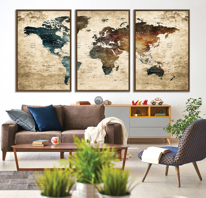 Vintage World Map Canvas Wall Art, perfect for antique-style decor, displayed against a light wood wall.